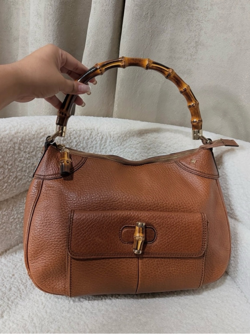 Gucci Tan Pebbled Leather Shoulder Bag with Bamboo Handle
